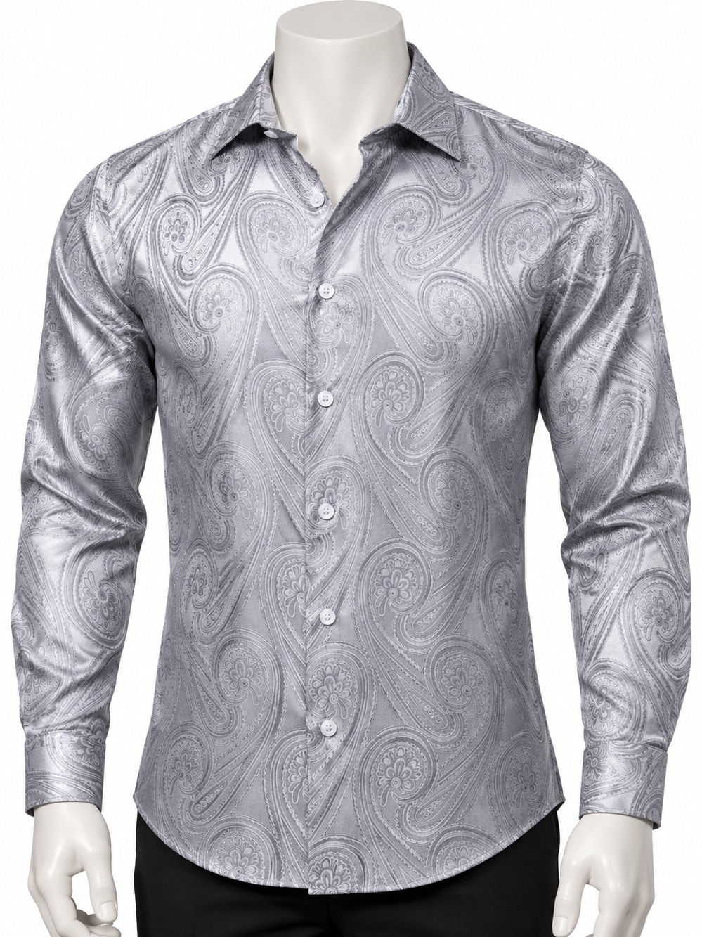 Hi-Tie Silver Gray Paisley Men’s Long-Sleeve Men's Dress Shirt